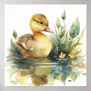 Cute Baby Duck, Duck on a Pond Watercolor Poster