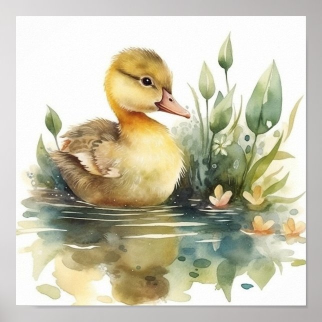 Cute Baby Duck, Duck on a Pond Watercolor Poster (Front)