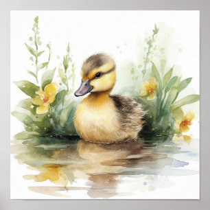 Cute Baby Duck, Duck on a Pond Watercolor Poster