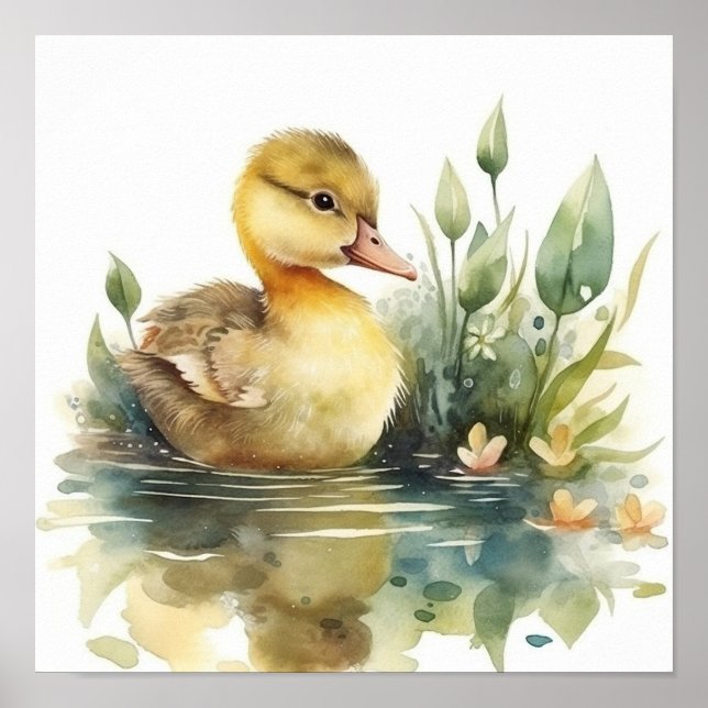Cute Baby Duck, Duck on a Pond Watercolor Poster (Front)