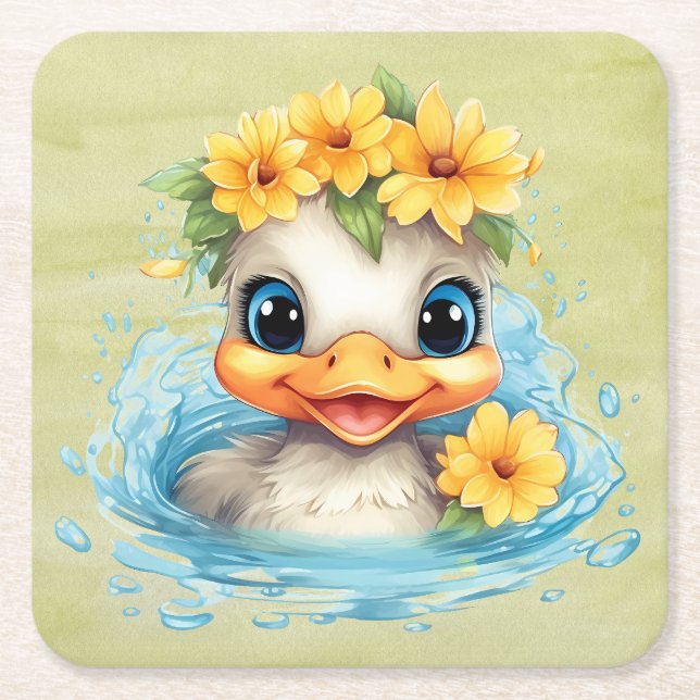 Cute Baby Duck Ducklings Fun animals flowers Square Paper Coaster (Front)
