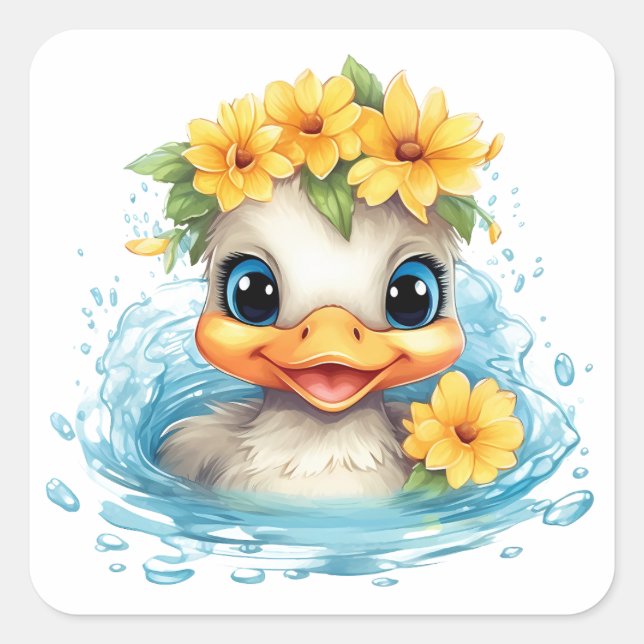 Cute Baby Duck Ducklings Fun animals flowers Square Sticker (Front)