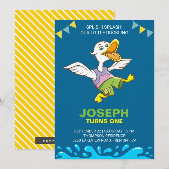 Cute Baby Duck First 1st Birthday Party Invitation (Front/Back)