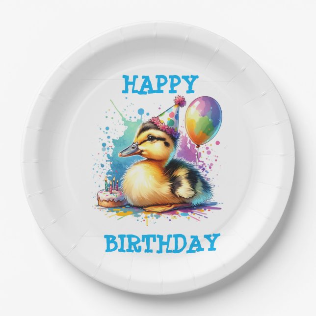 Cute baby duck happy birthda paper plate (Front)