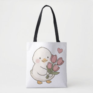 Cute Baby Duck Holding Tulip Bouquet Aesthetic Tote Bag
