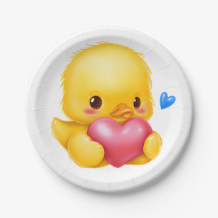 Cute Baby Duckling with a Pink Valentine Heart Paper Plate