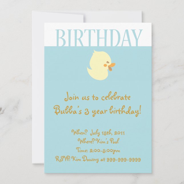Cute Baby Duckling with Blue Birthday Invitation (Front)