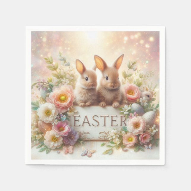 Cute Baby Easter Bunnies and Flowers Napkin (Front)
