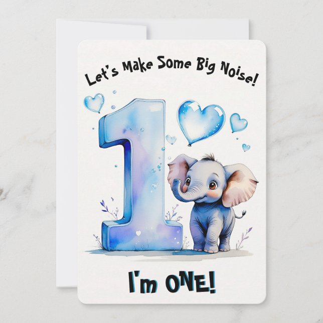 Cute Baby Elephant 1st Birthday - Boys Blue Heart Invitation (Front)