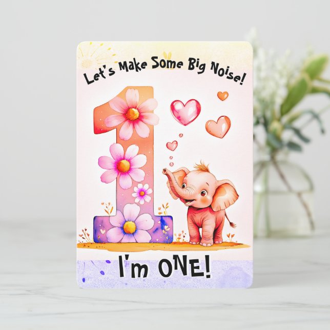 Cute Baby Elephant 1st Birthday Floral Hearts Girl Invitation (Standing Front)