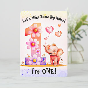 Cute Baby Elephant 1st Birthday Floral Hearts Girl Invitation
