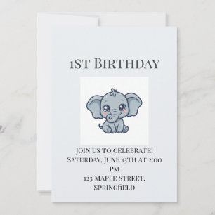 Cute Baby Elephant 1st Birthday Invitation