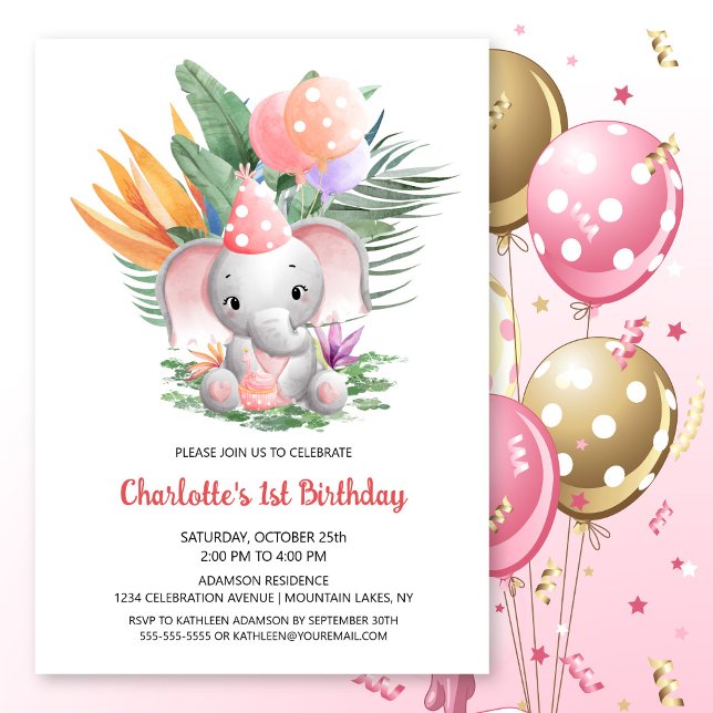 Cute Baby Elephant 1st Birthday Party Invitation (Creator Uploaded)
