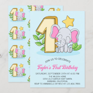 Cute Baby Elephant 1st Birthday Party Invitation
