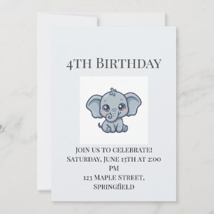 Cute Baby Elephant 4th Birthday Invitation