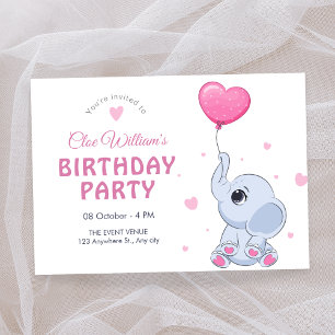 Cute baby elephant and balloon birthday invitation