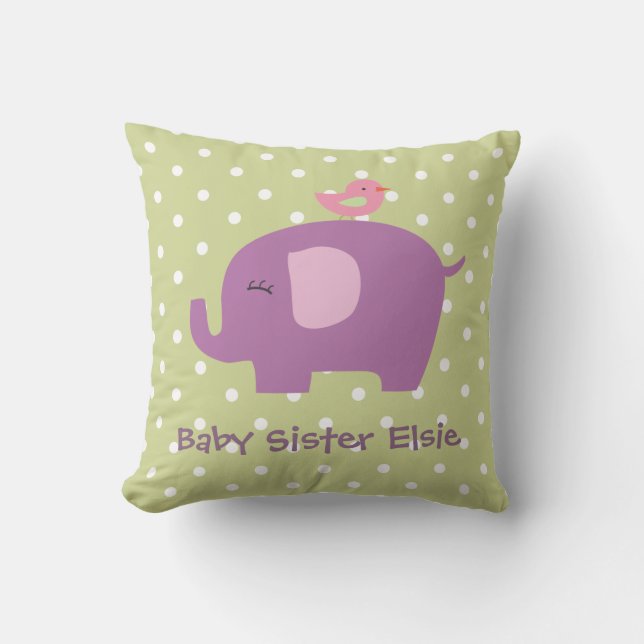 Cute Baby Elephant and Bird Personalised Pillow (Front)