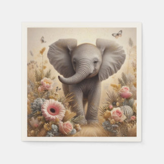 Cute Baby Elephant and Flowers Kids Party Napkin