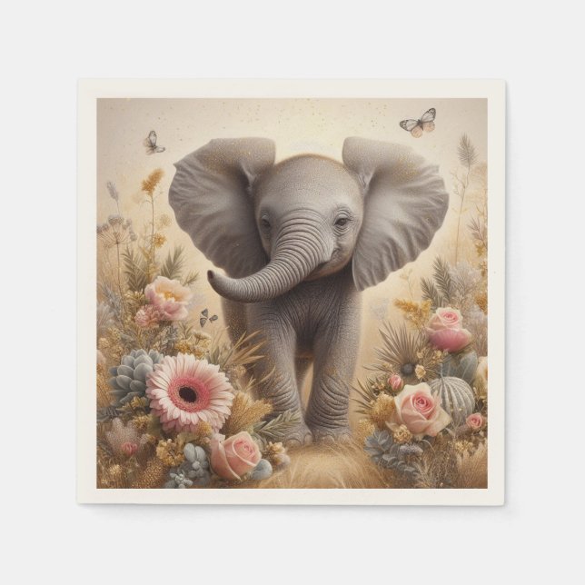 Cute Baby Elephant and Flowers Kids Party  Napkin (Front)