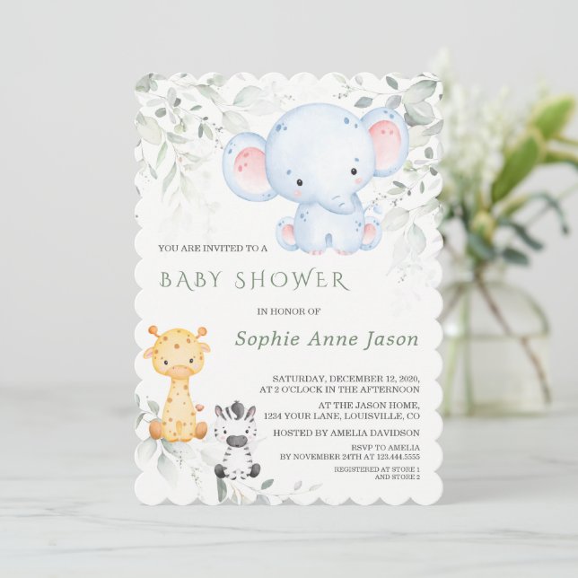 Cute Baby Elephant and Friends Safari Baby Shower  Invitation (Standing Front)