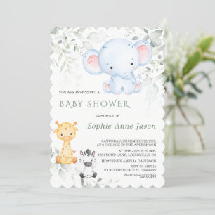 Cute Baby Elephant and Friends Safari Baby Shower Invitation