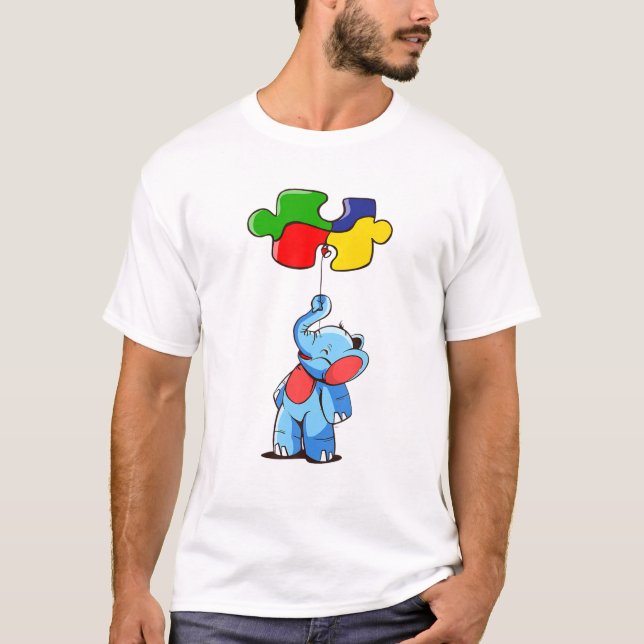 Cute Baby Elephant Autism Awareness Puzzle Pieces T-Shirt (Front)