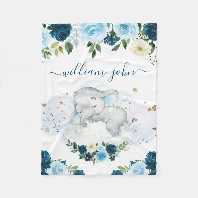 Cute Baby Elephant Baby Boy Navy & Cream  Fleece Blanket (Front)