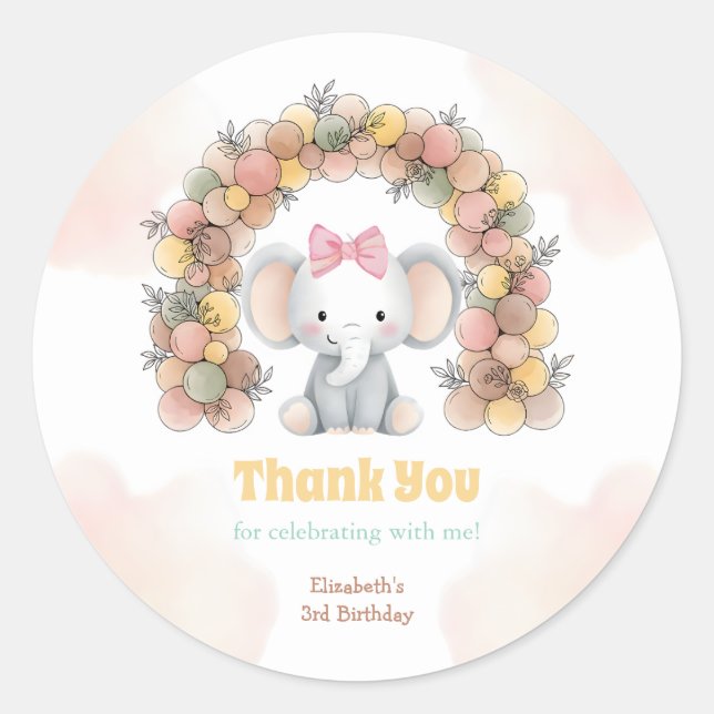 Cute Baby Elephant Balloon Arch Birthday Thank You Classic Round Sticker (Front)