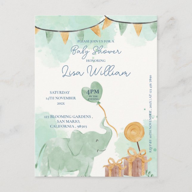 Cute Baby Elephant Balloon Baby Shower Invitation Postcard (Front)