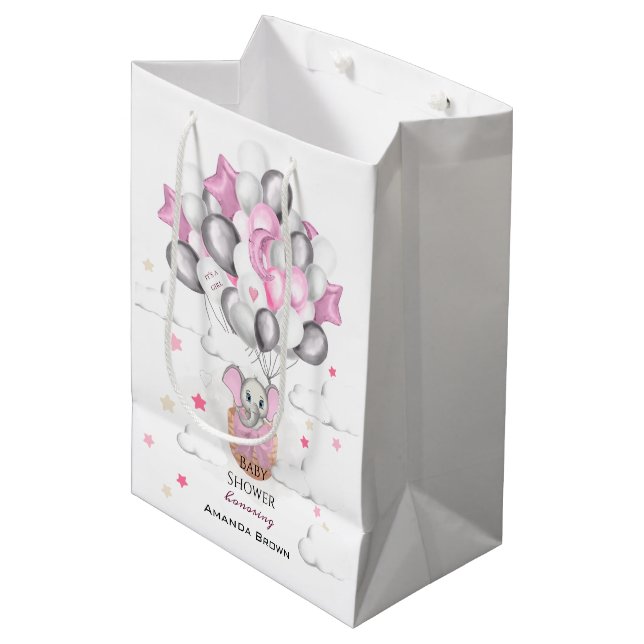 Cute Baby Elephant Balloon Basket Girl Baby Shower Medium Gift Bag (Front Angled)