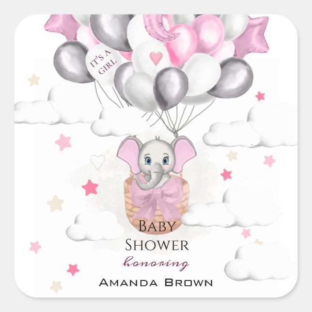 Cute Baby Elephant Balloon Basket Girl Baby Shower Square Sticker (Front)