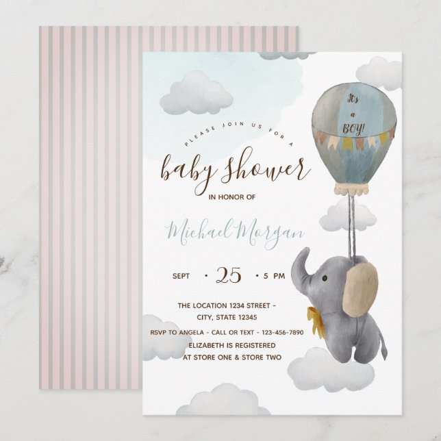 Cute Baby Elephant Balloon Stripes Baby Shower Invitation (Front/Back)