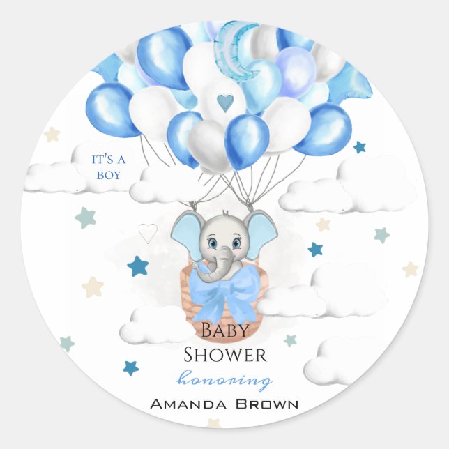 Cute Baby Elephant Balloons Basket Boy Baby Shower Classic Round Sticker (Front)
