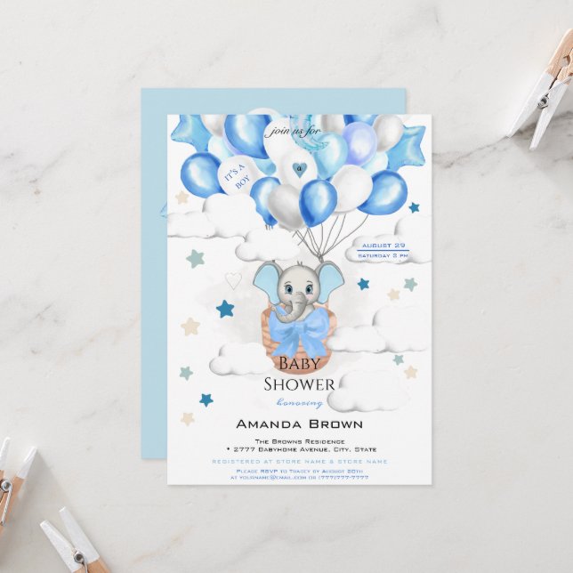 Cute Baby Elephant Balloons Basket Boy Baby Shower Invitation (Front/Back In Situ)