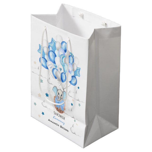 Cute Baby Elephant Balloons Basket Boy Baby Shower Medium Gift Bag (Front Angled)