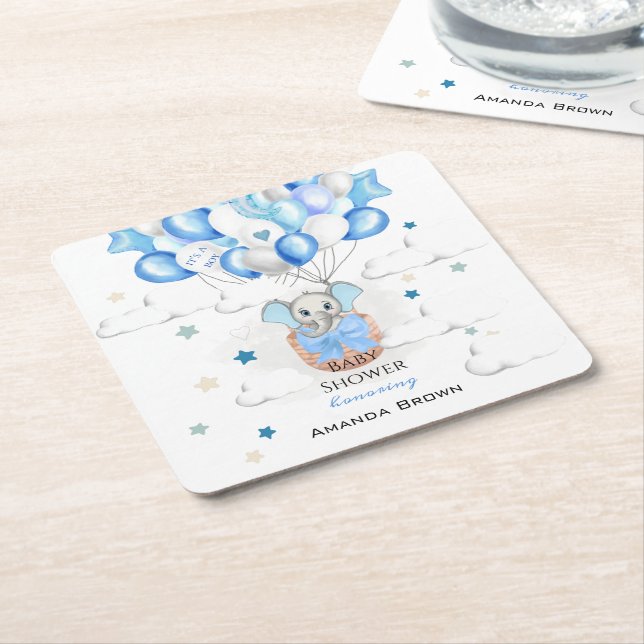 Cute Baby Elephant Balloons Basket Boy Baby Shower Square Paper Coaster (Angled)