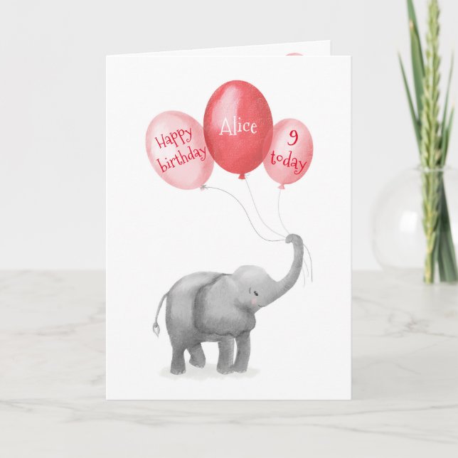 Cute baby elephant birthday age card (pink) (Front)