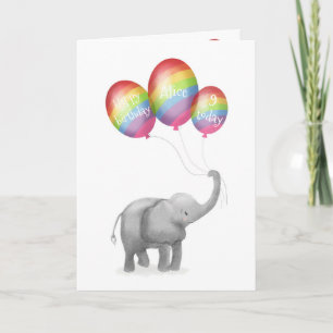 Cute baby elephant birthday age card (rainbow)