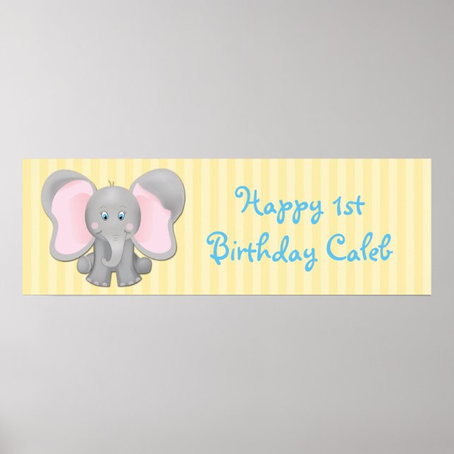 Cute Baby Elephant Birthday or Shower Party Banner Poster (Front)