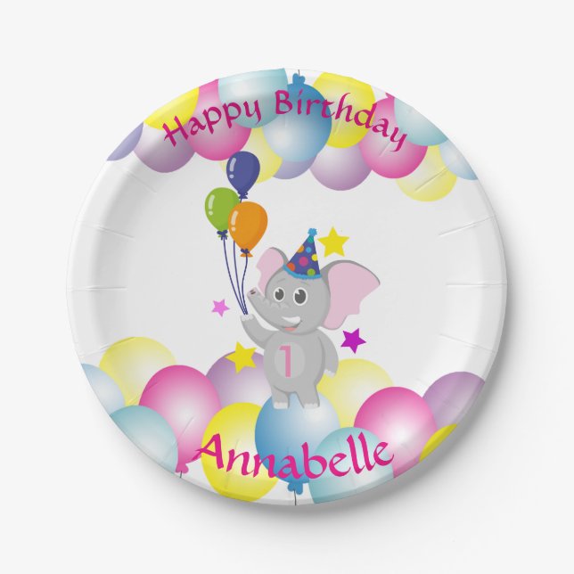 Cute baby elephant Birthday party Paper Plate (Front)