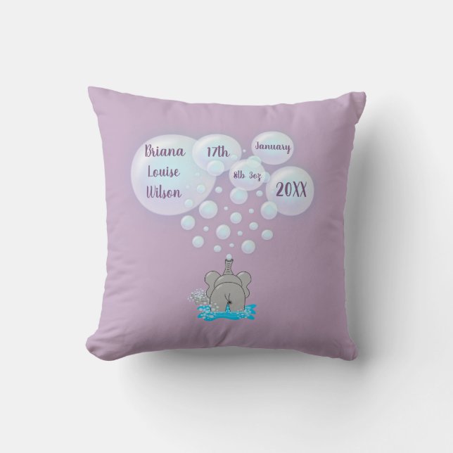 Cute Baby Elephant Blowing Bubbles Monogrammed Cushion (Front)