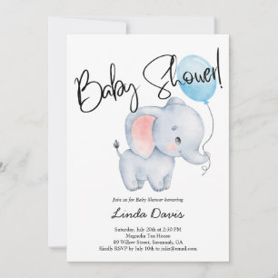 Cute Baby Elephant Blue Balloon Baby Shower Invitation