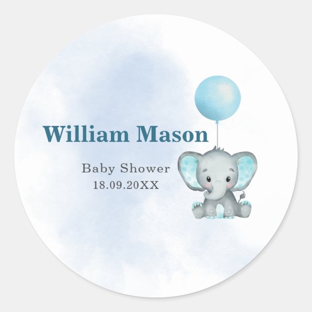 Cute Baby Elephant Blue Balloon Watercolor  Classic Round Sticker (Front)