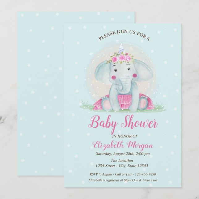 Cute Baby Elephant, Blue Dots Baby Shower Invitation (Front/Back)