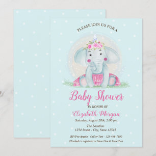 Cute Baby Elephant, Blue Dots Baby Shower Invitation