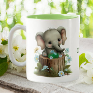 Cute Baby Elephant Blue Flowers Personalised  Two-Tone Coffee Mug