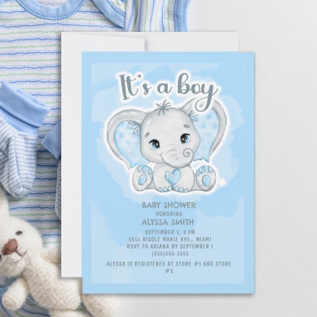 Cute Baby Elephant Blue Little Boy Baby Shower Invitation (Creator Uploaded)
