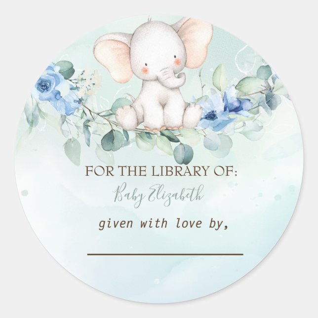 Cute Baby Elephant Blue Roses Classic Round Sticker (Front)