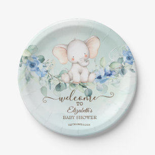 Cute Baby Elephant Blue Roses Paper Plate