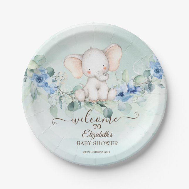 Cute Baby Elephant Blue Roses Paper Plate (Front)